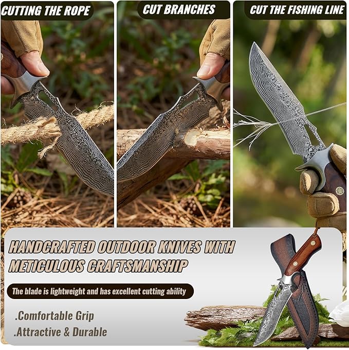 Fixed Blade Hunting Knife with Leather Sheath - 10 Full Tang Stainless Steel Camping Knife with Ergonomic Wood Handle &amp Damascus Pattern - Sharp Outdoor Survival Tool for Hiking Bushcraft Fishi