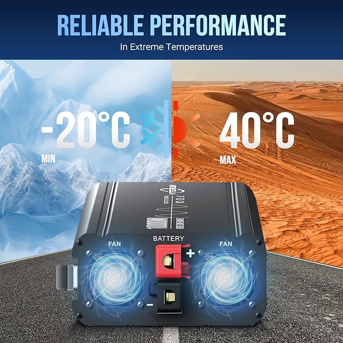 1000W Pure Sine Wave Inverter 12V DC to 110-120V AC Efficient Energy Converter for Home RV Use with Wireless Remote Control with USB C Ports