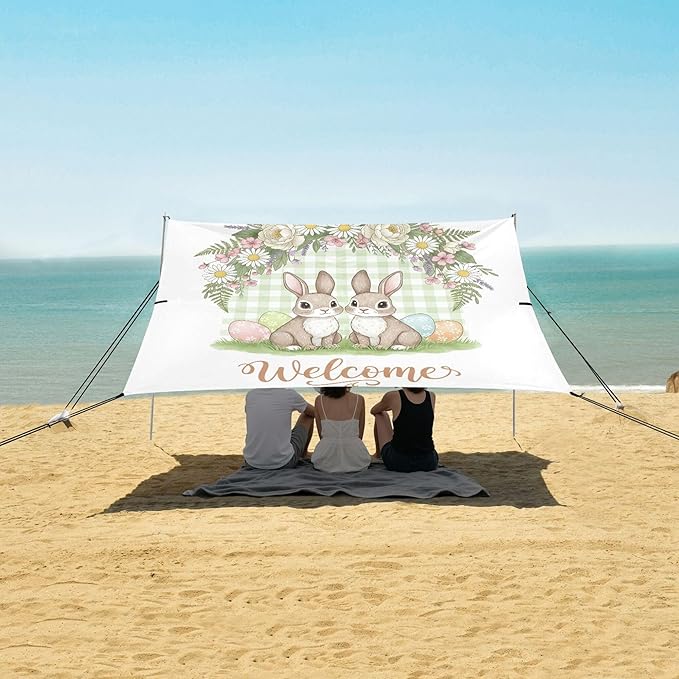 Easter Bunny Beach Canopy Sun Shelter with Sandbags &amp Sand Shovel &amp Windproof Ropes - Portable 110x126 Beach Shade Beach Tent for Camping Picnics