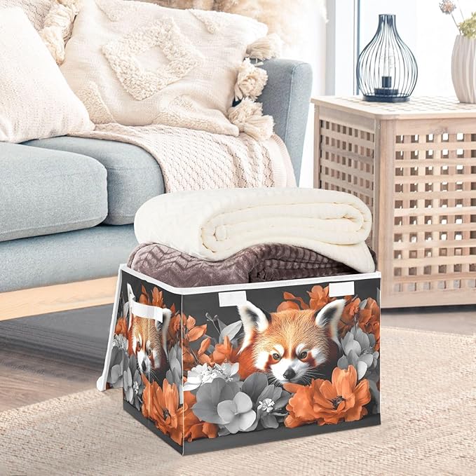 AIXIWAWA Lidded Storage Cube (Red Panda Floral) Fabric Foldable Closet Bins with Flip Lid and Handles Organizer Basket Container 16.5 x 12.6 x 11.8 IN