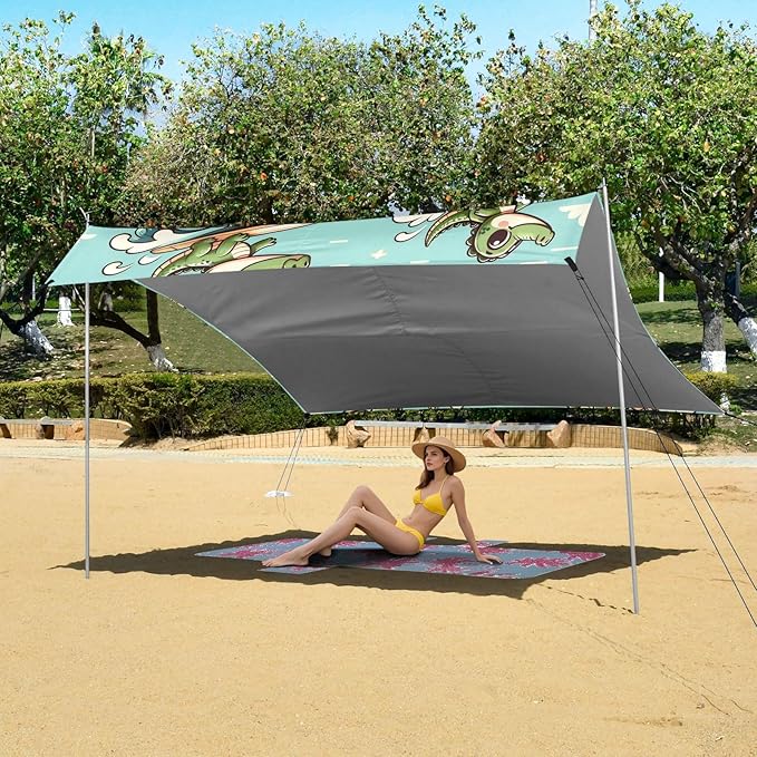 ALAZA Cute Crocodile Surfing Beach Tent Sun Shelter UPF50+ Protection Beach Shade Canopy w/ 4 Sandbags for Outdoor Camping Fishing Backyard Fun Picnic 10x9 ft