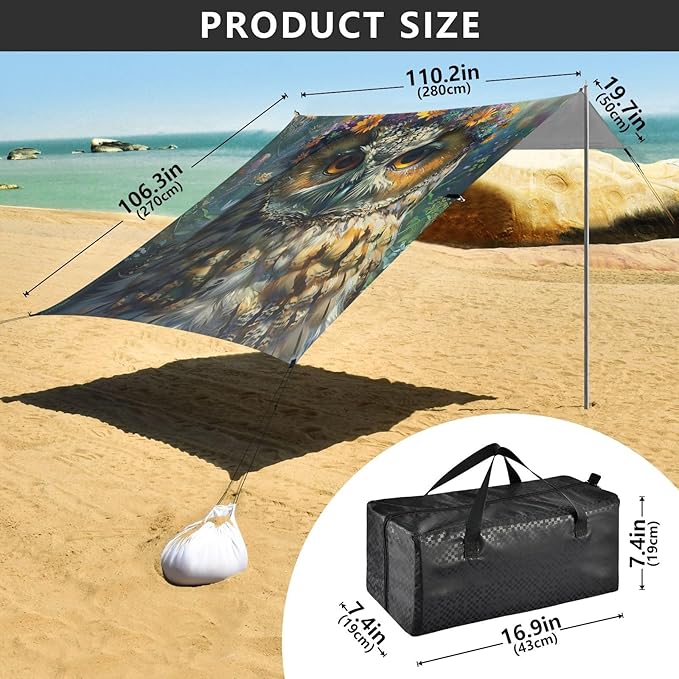 ALAZA Owl Wreath of Flower on Head Beach Tent Sun Shelter Portable Canopy Sunshade for Outdoor Camping Picnics Backyard Fun 10x9 ft