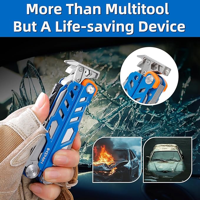 HANSHI Multitool Pliers 22-in-1 YG10 Tungsten Steel Multi Tool with ScissorsReplaceable Wire Cutters Flint Window Breaker Back ClipIdeal for Camping Survival and Gift(Blue)
