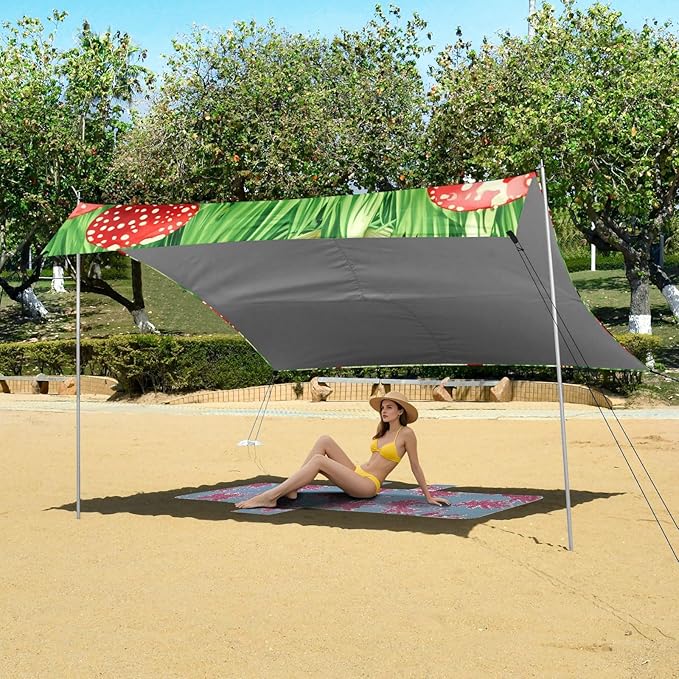 xigua Mushroom Beach Tent Sun Shelter with Carrying Bag - Silver Coated Oxford Fabric Beach Canopy for Beach Camping Fishing - Includes Windproof Ropes Sandbags &amp Stakes
