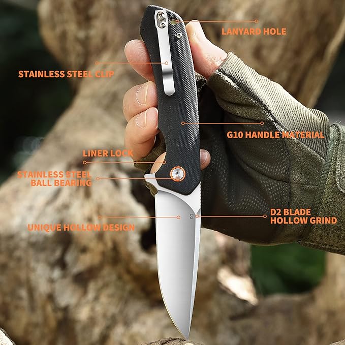 Pocket KnifeFolding EDC Tactical KnifeCamping Survival Knife 3.54'' D2 Blade Steel and G10 Handle Liner Lock Reversible Clip Everyday Carry for Men Knife Outdoor Survival
