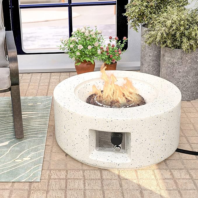HOMPUS Outdoor Propane Fire Pit 40000 BTU 28-inch Round White Terrazzo Concrete Fire Table Gas Fire Pit w Lava Rocks and Rain Cover for Outdoor Deck or Backyard