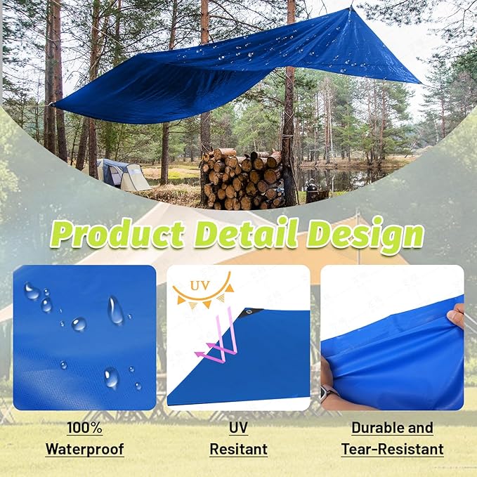 10x12 FT Blue Heavy Duty PVC Tarp 10.6 Mil Waterproof Cover with Reinforced Brass Grommets UV &amp Tear Resistant for Outdoor Camping Truck Boat Pool &amp Patio