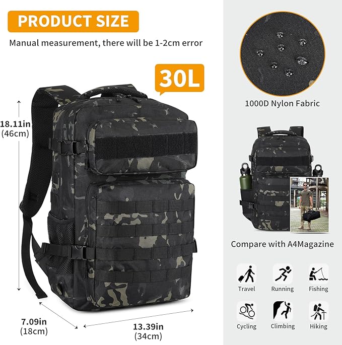 HUNTVP Tactical Backpack for Men 30L Military Backpack MOLLE Assault Pack Army Daypack Hunting Rucksack for Hiking Travel Work with Bottle HolderCamo