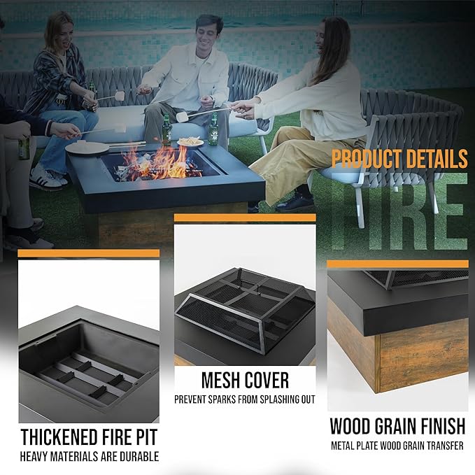 WILDMOS 36 Firepits for OutsideWood Burning Fire Pit with Wood-Grain Side PanelsFirepit for Outside with Mesh Cover &amp Fire PokerSquare Modern Outdoor Fireplace Fire Table.