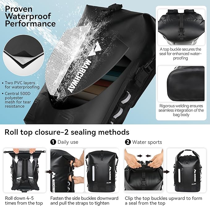 MARCHWAY Roll Top Waterproof Backpack Floating Dry Bag 20L/30L/45L with Ergonomic Rectangular Base Cushioned Back Hip Strap for Hiking Camping Kayaking Travel (Black 20L)