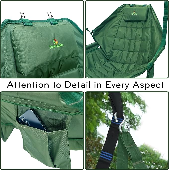 Tranquillo Hanging Hammock Chair Patio Swing Chair Outdoor Swing Chair with Headrest Armrest Cup Holders Porch Swings Outdoor and Hammock Tree Straps Net Moss Green