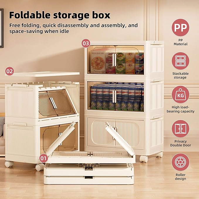 3-Tier Stackable Storage Bins with Lids Foldable Plastic Organizer with Wheels for Closet Bedroom Office Organization (Stripe - 2 Clear &amp 1 Yellow 3 Tier - 17.5 D x 9.7 W x 26.3 H)