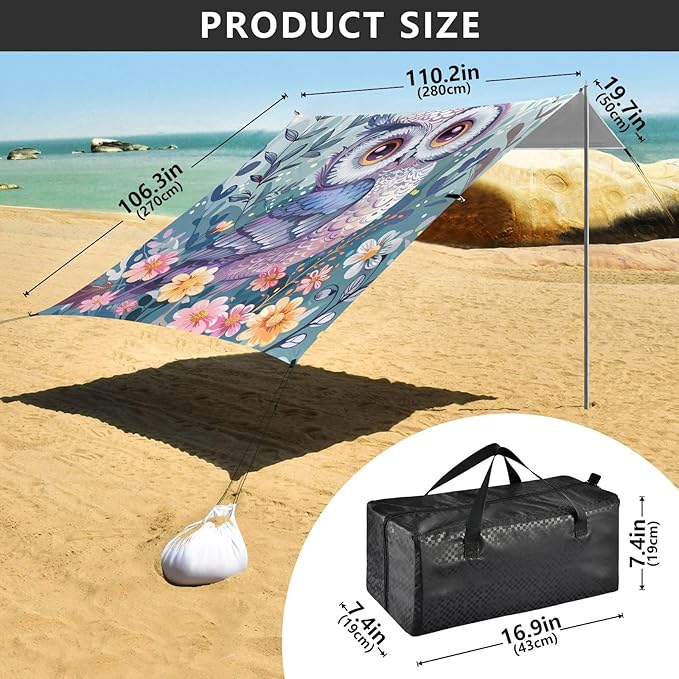 ALAZA Cute Owl Print Flowers Beach Tent Sun Shelter UPF50+ Protection Beach Shade Canopy w/ 4 Sandbags for Outdoor Camping Fishing Backyard Fun Picnic 10x9 ft