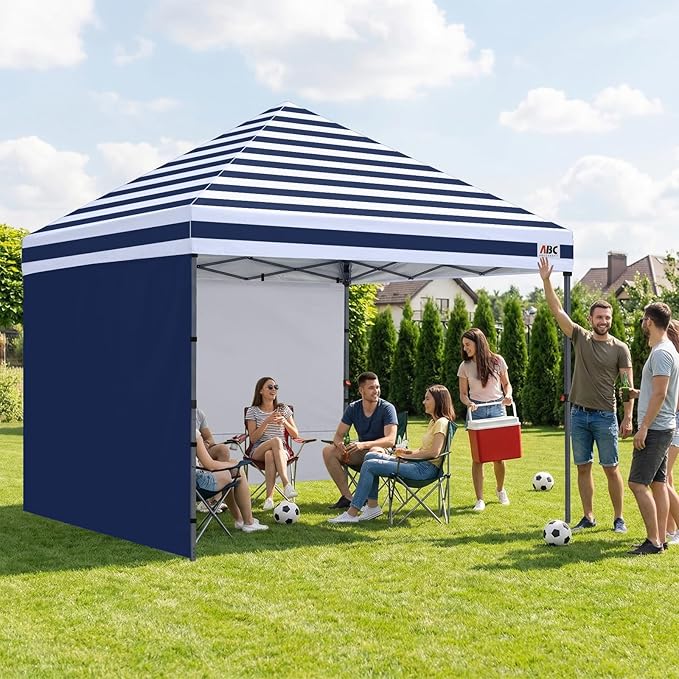 ABCCANOPY Easy Pop up Canopy Tent with 2 Sidewalls for Outdoor Sun Blocking or Rain Protection10x10 Navy Blue Stripes