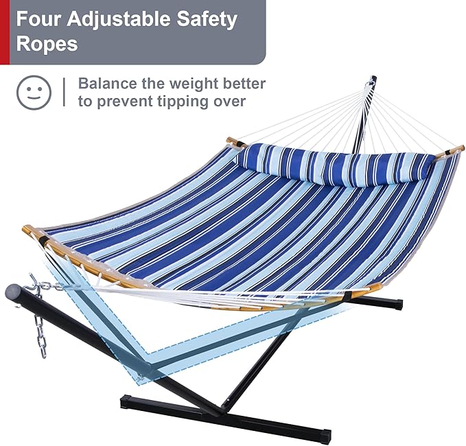 12 Ft Hammock with Stand for Outside 2 Person Hammock Freestanding with Curved Spreader Bars Pillow and Portable Bag Heavy Duty 450 Lbs Blue Stripes