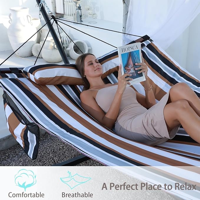 TegerDeger 12FT 2 Person Hammock Large Hammock 450LB Capacity with V Shaped Hardwood Spreader Bar &amp Nylon Rope for Outside Patio Garden Backyard Beach Poolside - Coffee Stripes