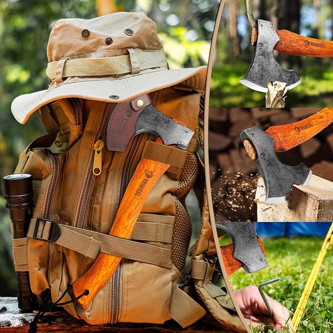 NEDFOSS Mammoth Camping Hatchet Axe 15 Camping Axe with 1065 High Carbon Steel &amp Wooden Handle Multi-Purpose Hatchet Axe for Camping Bushcraft and Survival Gift for Men