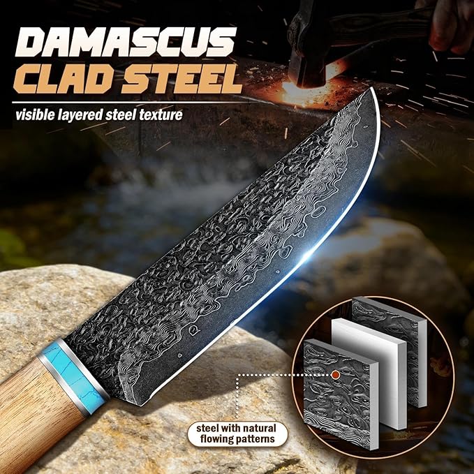 Freelander Damascus Fixed Blade Knife Bundle with Sharp Outdoor Axe