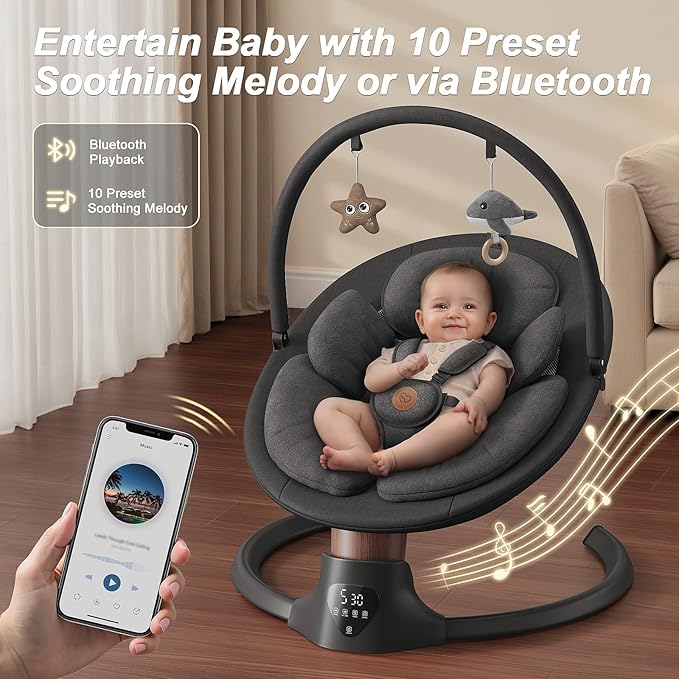 Baby Swings for Infants FasonBaby Electric Baby Swing with 10 Preset Melodies 5 Speeds Remote Control and Bluetooth - Portable Infant Swing for Indoor and Outdoor(Black)