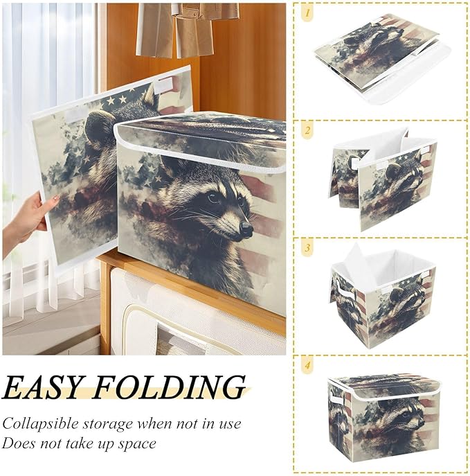 Storage Cube with Lid Raccoon American Print 16.5×12.6×11.8 IN Collapsible Large Capacity Foldable Storage Basket Bin Organizer