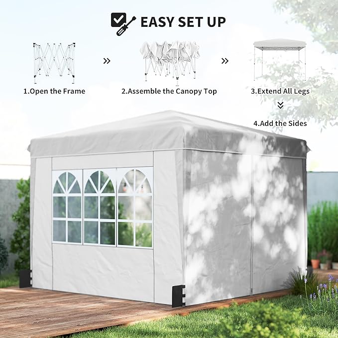 Outsunny 10 x 10 ft Pop Up Canopy Tent with Sidewalls UPF50+ Outdoor Portable Instant Canopy Shelter with Carry Bag Sandbags Adjustable Height for Parties Events Camping White