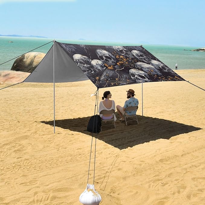 ALAZA Halloween Crow Skull Beach Tent Sun Shelter UPF50+ Protection Beach Shade Canopy w/ 4 Sandbags for Outdoor Camping Fishing Backyard Fun Picnic 10x9 ft