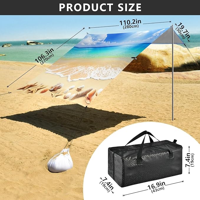xigua Beach Beach Tent Sun Shelter with Carrying Bag - Silver Coated Oxford Fabric Beach Canopy for Beach Camping Fishing - Includes Windproof Ropes Sandbags &amp Stakes
