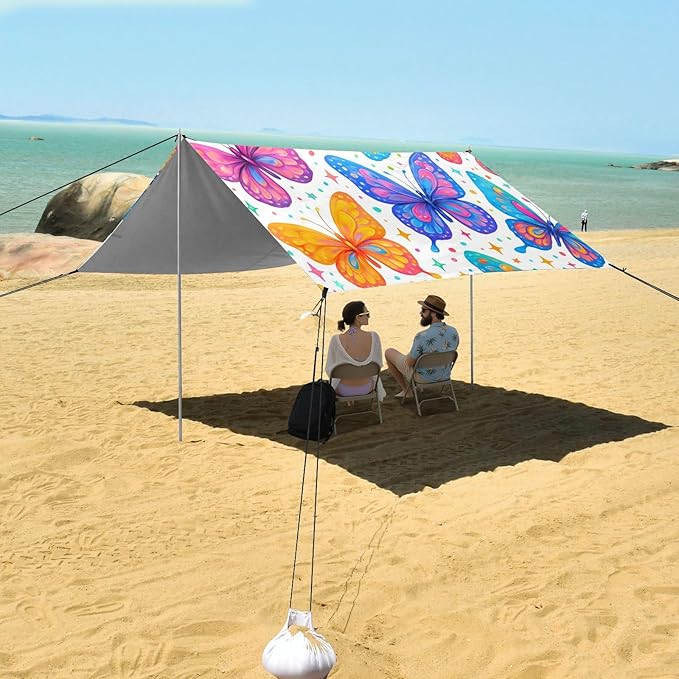 xigua Butterflies Beach Tent Sun Shelter with Carrying Bag - Silver Coated Oxford Fabric Beach Canopy for Beach Camping Fishing - Includes Windproof Ropes Sandbags &amp Stakes