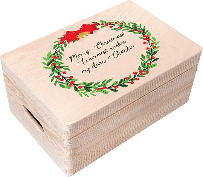 Creative Deco Personalized Christmas Wreath Wooden Storage Box | 11.8x7.87x5.51in (+-0.5) | Multiple Choice | Hinged Lid Handles Engraving | Gift Box | Rough UNSANDED Keepsake Memory Souvenir Chest