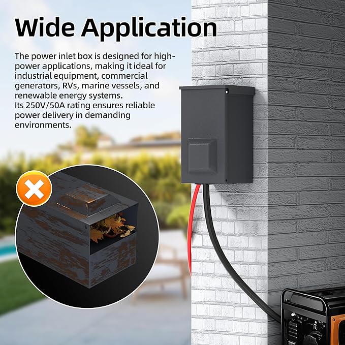 Joinfworld 50 Amp Generator Inlet Box NEMA SS2-50P 125/250V 12500W Weatherproof Outdoor Receptacle Emergency-Ready Industrial Grade