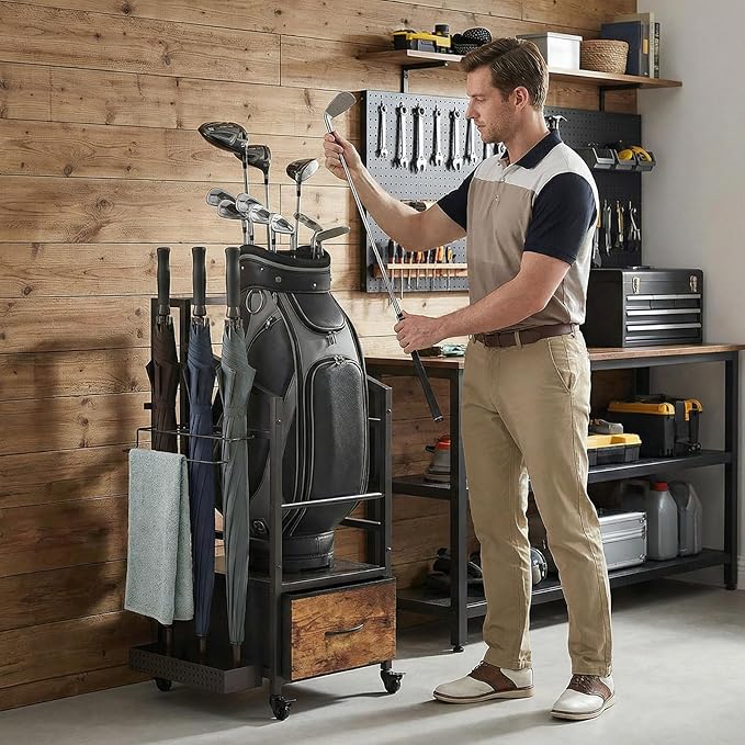 Golf Bag Organizer Rack with Wheels Golf Storage Organizer for GarageGolf Stand &amp AccessoriesBrown Garage Organizer Fit Single Golf Bags