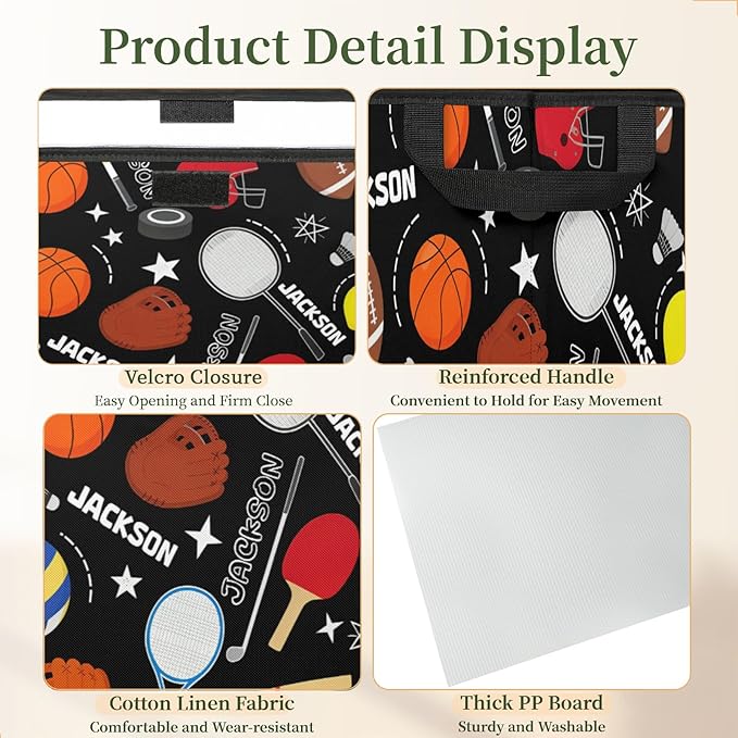 Sport Basketball Soccer Custom Storage Bins with Lid Foldable Fabric Personalized Storage Basket Box with Handle Storage Organizer Container for Home Bedroom Closet