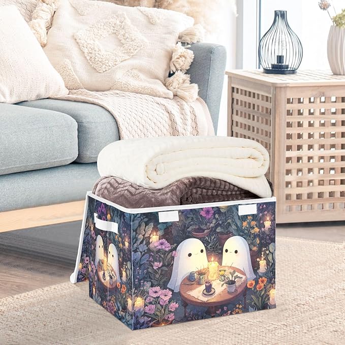 Collapsible Storage Bins with Lids Decorative Fabric Storage Cubes Closet Organizer and Storage Basket Boxes Containers for Clothes Box Chest Folding Rectangle Cute Ghost Flower Plant