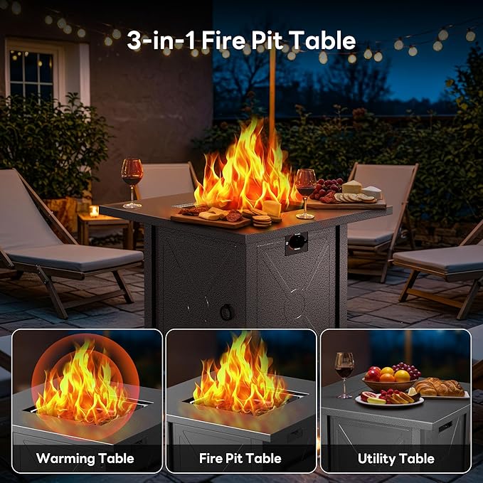 Electactic 28 Inch Propane Fire Pit 3-in-1 Multi-Use Outdoor Fire Pit Table 50000 BTU Steel Gas Fire Pit with Lid &amp Lava Rock Add Warmth and Ambience for Patio Deck Garden Outdoor Gatherings
