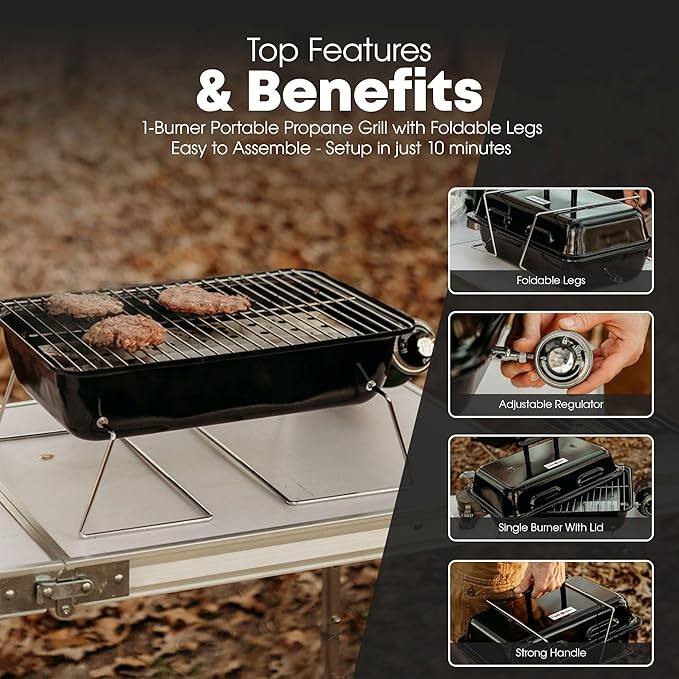 GasOne GPT-25 Propane Burner Gas Grill with Foldable Legs – Portable Grill Propane BBQ Grills with Adjustable Regulator – Heavy Duty Metal Construction – Easy to Assemble Compact Foldable Design