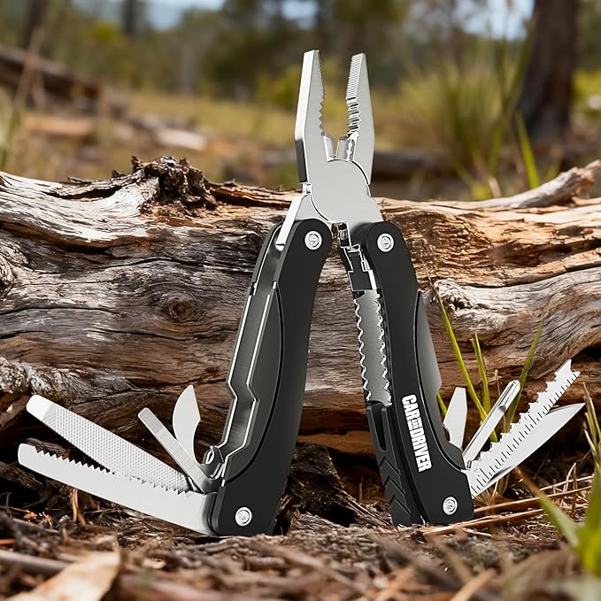 Car and Driver CAD-KH1034 12-in-1 Multitool with LED Flashlight – Stainless Steel USB Rechargeable Compact Folding Pocket Tool with Pliers Screwdrivers Knife Saw &amp More – Portable EDC Tool