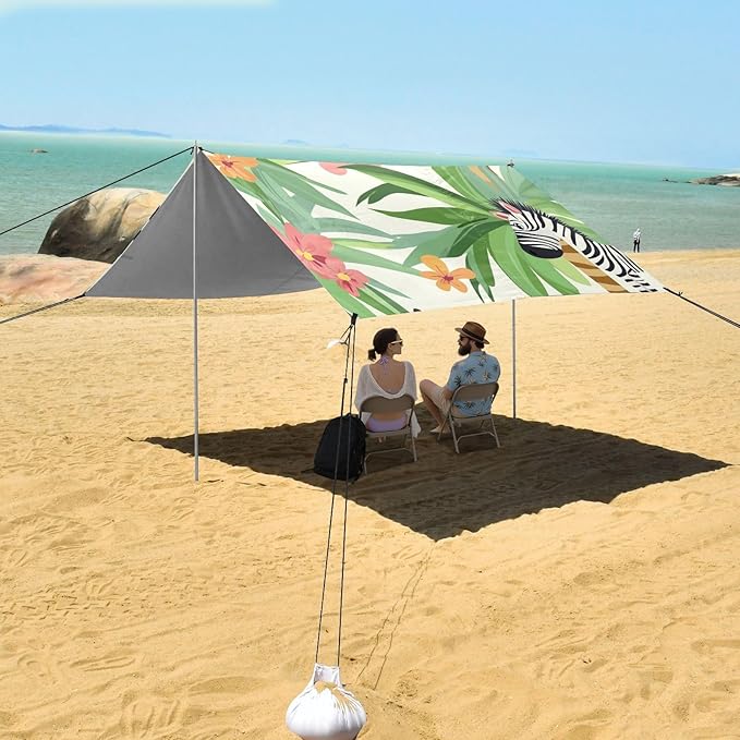 ALAZA Cute Cartoon Zebras Palm Trees Flowers Beach Tent Sun Shelter Portable Canopy Sunshade for Outdoor Camping Picnics Backyard Fun 10x9 ft