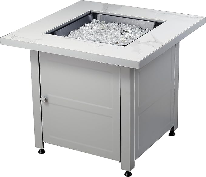 Endless Summer 30 Inch Square Outdoor Gas Fire Pit Table with Marble Mantel Slate Finish White Fire Glass and Protective Cover