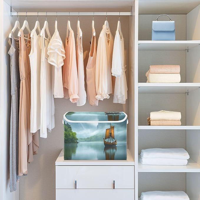 AIXIWAWA Lidded Storage Cube (Retro Boat) Fabric Foldable Closet Bins with Flip Lid and Handles Organizer Basket Container 16.5 x 12.6 x 11.8 IN