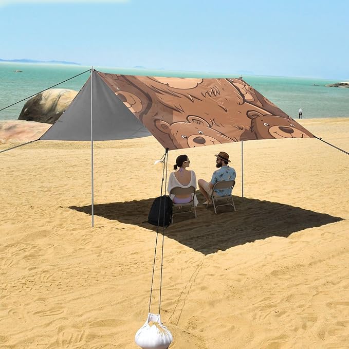 ALAZA Cartoon Brown Bear in Cute Bear Crowd Beach Tent Sun Shelter Portable Canopy Sunshade for Outdoor Camping Picnics Backyard Fun 10x9 ft