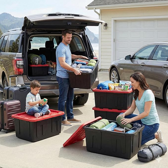 27 Gallon Storage Bin with Lid Heavy Duty Plastic Storage Tote Black and Red Stackable Storage Container for Indoor Outdoor Use Plastic Totes with Lids for Storage (2 Pack)
