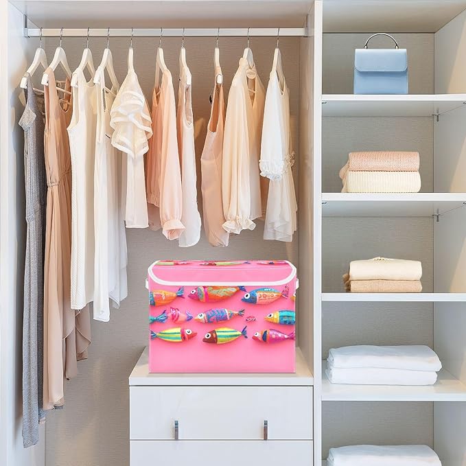 AIXIWAWA Lidded Storage Cube (Cute Fishes) Fabric Foldable Closet Bins with Flip Lid and Handles Organizer Basket Container 16.5 x 12.6 x 11.8 IN