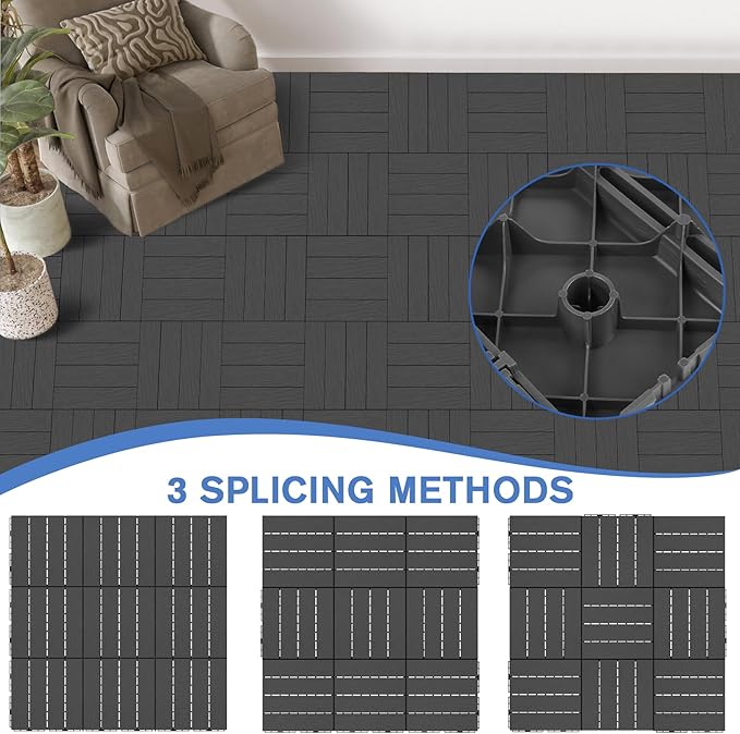 MYFAMIREA 27 Pcs Plastic Interlocking Deck Tiles 12 x 12 Patio Floor Decking Tiles Indoor Outdoor Waterproof Non-Slip Flooring Tile All Weather Use for Balcony Backyard Porch Poolside Dark Grey