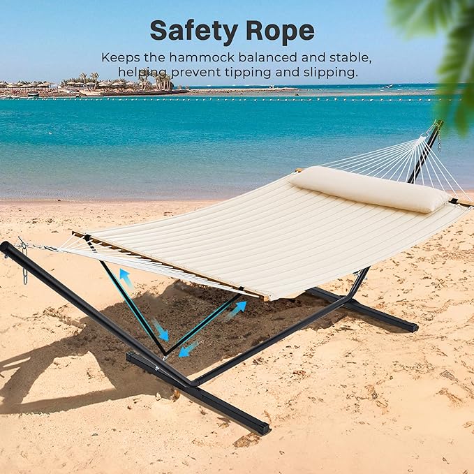 SUPERJARE Hammock with Stand 2 Person Quilted Outdoor Hammock Detachable Pillow &amp Bamboo Spreaders Portable Hammock with Carrying Bag Heavy Duty Stand Perfect for Outside Patio Cream Beige