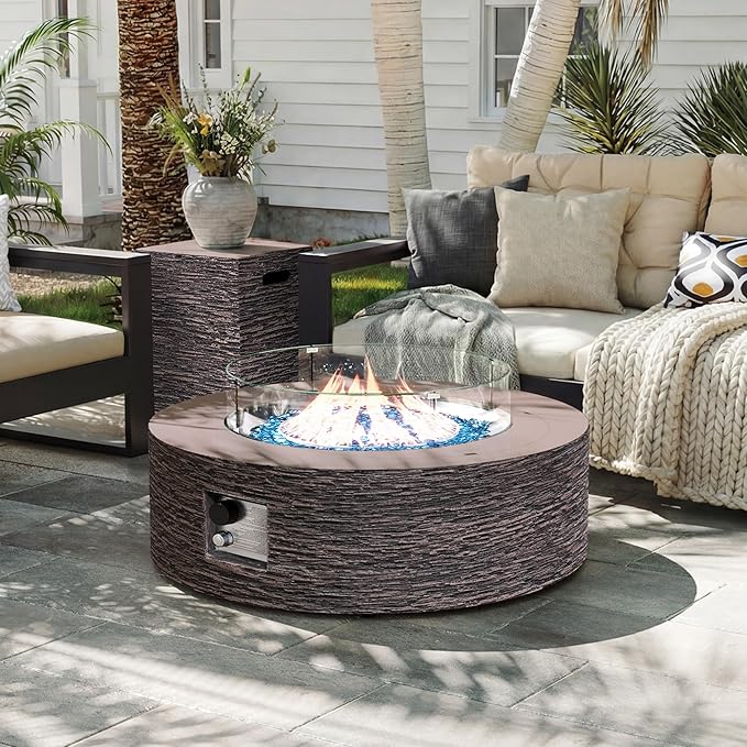 UPHA 42-inch Outdoor Propane Gas Fire Pit Table 50000 BTU Concrete Round FirePit for Outside Patio with Propane Tank Cover Wind Guard Blue Glass Rocks Rain Cover Reddish Brown