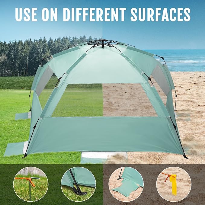 WhiteFang Deluxe Pop Up Beach Tent Sun Shade Shelter for 3-4/5-6 Person UV Protection Extendable Floor with 3 Ventilating Windows Plus Carrying Bag Stakes and Guy Lines