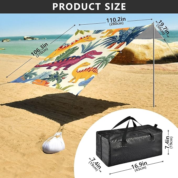ALAZA Dinosaurs Seamless Pattern Dinos Palms and Berrie Beach Tent Sun Shelter Portable Canopy Sunshade for Outdoor Camping Picnics Backyard Fun 10x9 ft