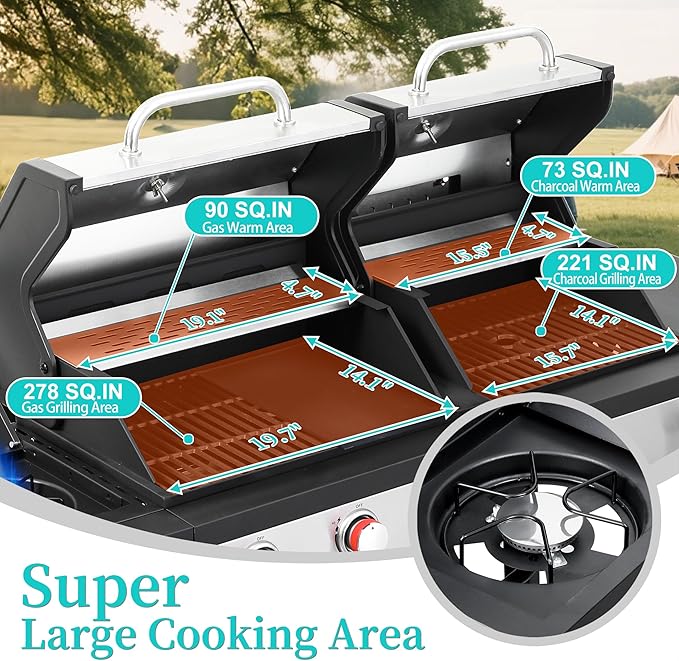 3 Burner Gas &amp Charcoal Combo Grill with Side Burner 39000 BTU Propane BBQ Grill Cast Iron Grates &amp Griddle Warming Rack Grease Tray Storage Cabinet 4 Wheels for Outdoor Patio