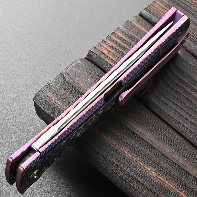 Sitivien ST994 Folding Knife Handmade M390 Brushed Steel Blade Titanium Carbon Fiber Handle with Ball Bearing for Outdoor Camping Hiking Survival (Pink)