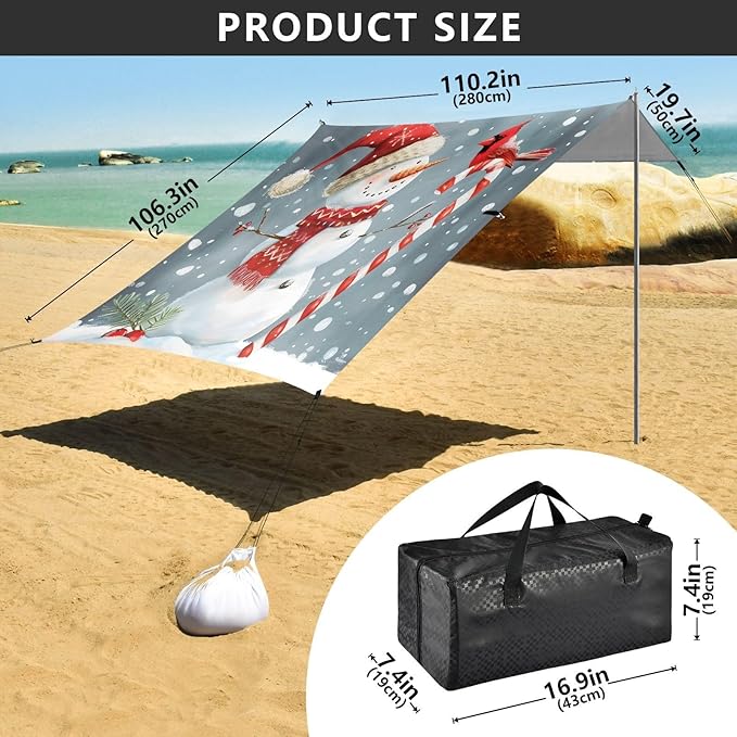 ALAZA Christmas Snowman Beach Tent Sun Shelter UPF50+ Protection Beach Shade Canopy w/ 4 Sandbags for Outdoor Camping Fishing Backyard Fun Picnic 10x9 ft